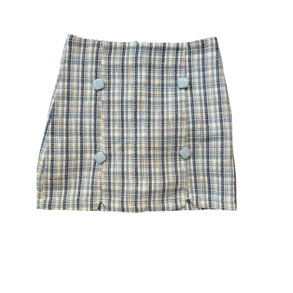 Miss Lee Light Blue Plaid Tweed Mini Skirt Decorative Buttons Slits Size‎ L